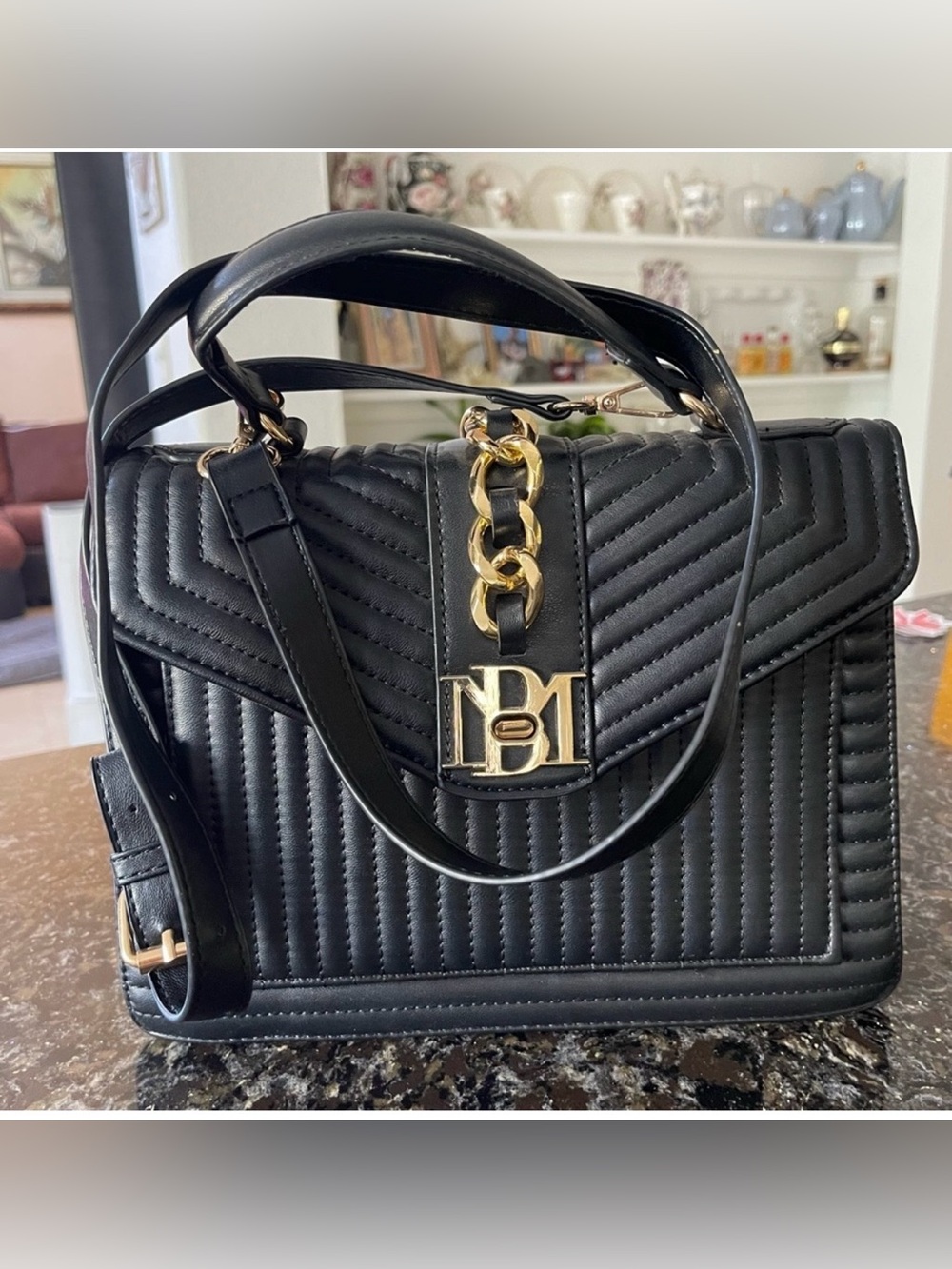 Badgley Mischka Black Quilted Satchel with Gold Chain and Logo